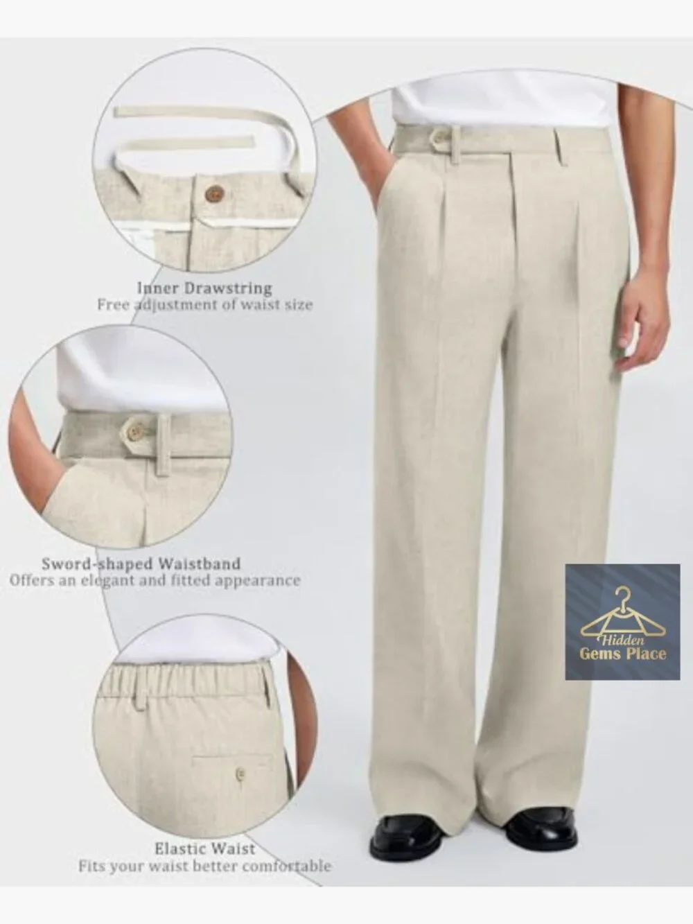 Mens Linen Casual Dress Pants Baggy Pleated Wide Leg Slacks Relaxed Fit Trousers